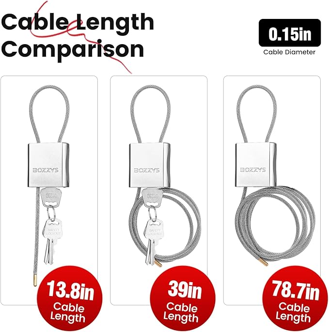 Cable Padlock with 3 Keys | L 1.15ft(0.35m),D 1/6in(4mm) Adjustable Steel Cable Lock | Aluminum Locks for Bikes, Gate, Lockers & Outdoor Gear | Weatherproof & Silver