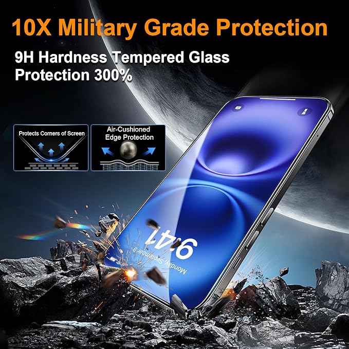 OneFish Glass Screen Protector for iphone 16 Pro, HD Clarity Tempered Glass Film with Installation Frame, 9H Glass Scratch Resistant, Easy Installation, 2Pack.
