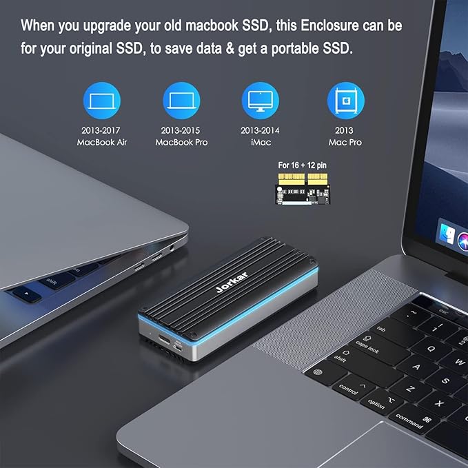 External SSD Enclosure USB-C 3.2 for 12+16 Pin MacBook SSD, Hard Drive Reader for A1466 A1465 A1502 A1398 SSD Mac Air/Pro mid 2013-2017, Portable Aluminum SSD Case with Indicator