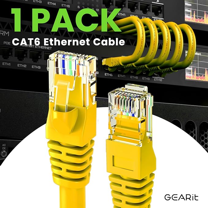 GEARit Cat 6 Ethernet Cable (1-Pack 14 Feet) Cat6 Network Patch, 10Gbps, RJ45, Snagless Cord, Gold-Plated Connectors, Internet for PC, TV, Tablet, Router, Printer, Servers, IT Data Center - Yellow
