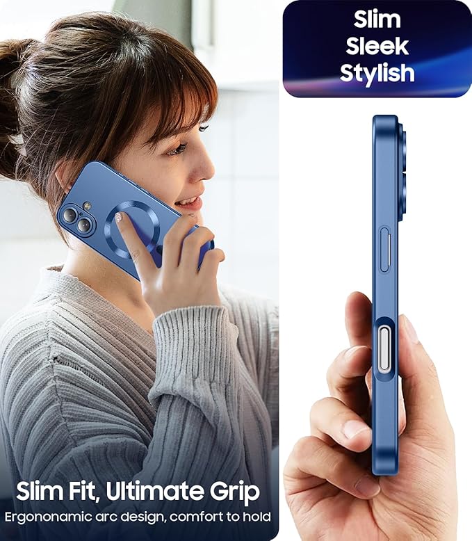Magnetic for iPhone 16 Case [Compatible with MagSafe][Built-in Camera Lens Protector] Slim Soft Silicone Bumper Shockproof Metallic Luster Phone Case (Blue)