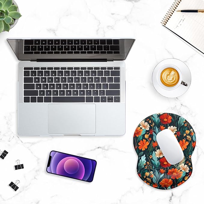 ITNRSIIET Ergonomic Mouse Pad with Gel Wrist Support Small Wrist Rest Smooth Surface Non-Slip PU Base Comfortable Office Supplies Pain Relief, 8.7 x 7.2 inches, Beautiful Flowers