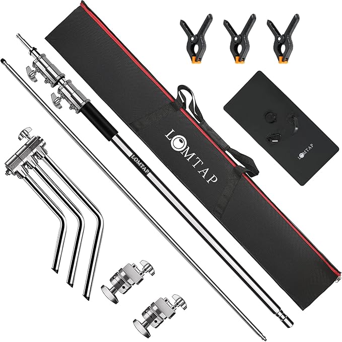 LOMTAP C Stand Light Stand Stainless Metal Photography Kit - Heavy Duty 6.8ft/210cm Vertical Pole, 2.8ft/87cm Boom Arm, Adjustable Base, Water Sandbag, 2 Grip Heads, 3 Clips for Softbox, Reflector