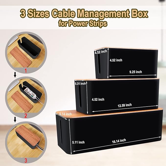 Cable Management Box 3 Pack with 125PCS Cable Management Kit for Power Strip to Hide Wires,Cord Organizer Boxes,Safe ABS Material Wire Organizer of Cable Clips Sleeve for Home & Office