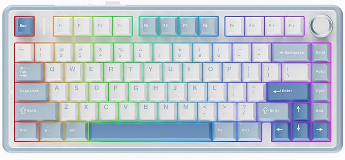 EPOMAKER x Aula F75 Gasket Mechanical Keyboard, 75% Wireless Hot Swappable Gaming Keyboard with Five-Layer Padding&Knob, Bluetooth/2.4GHz/USB-C, RGB (Sea Salt Blue, Ice Vein Switch)