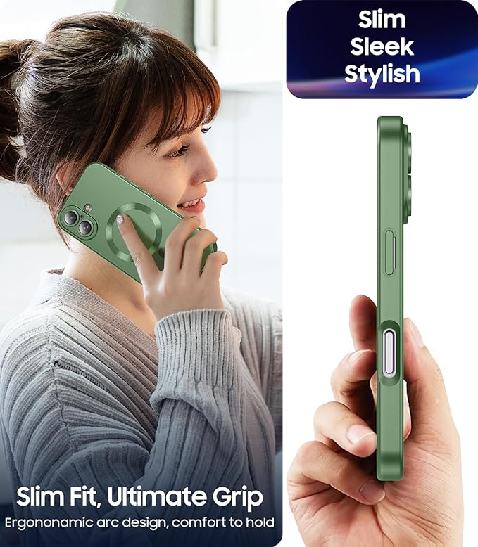 Magnetic for iPhone 16 Case [Compatible with MagSafe][Built-in Camera Lens Protector] Slim Soft Silicone Bumper Shockproof Metallic Luster Phone Case (Green)