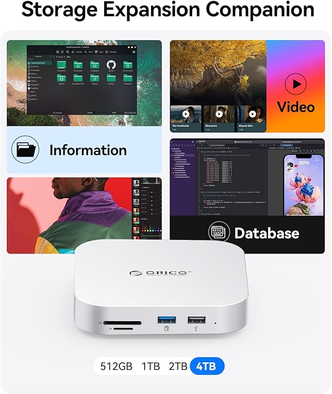 ORICO MiniMate SE Mac mini M4 4TB Storage & Docking Station, External SATA SSD (Non-Removable) 5Gbps(480MB/s), USB A*4, USB-C, SD/TF 3.0, 3.5mm Audio, Includes 2 Cables – M4SE