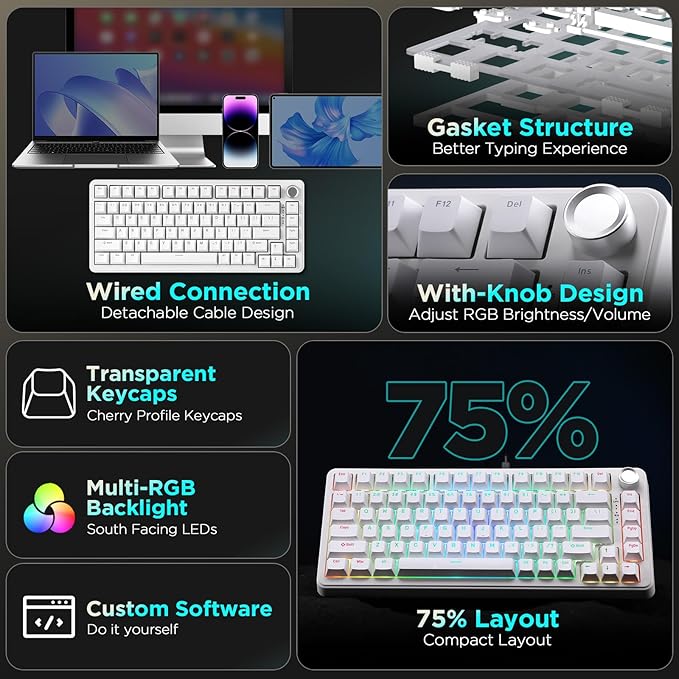 YUNZII B75 Mechanical Keyboard,75% Layout with Knob,Hot Swappable RGB Backlit Gasket Mounted, Creamy Typing, Double-Shot PBT Keycaps,Cherry Profile,for Win/Mac (White, Blue Grey Tactile Switch)