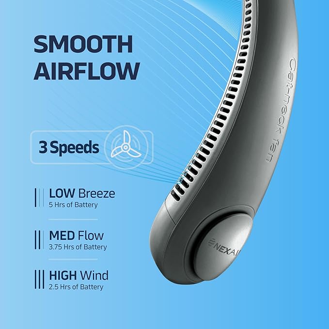 Portable Neck Fan - 3 Speed Rechargeable Bladeless Neck Fan, Adjustable Personal Black Neck Fan For Women & Men Modern Design, Great Cooling Fan For Travel, Outdoors & Sports