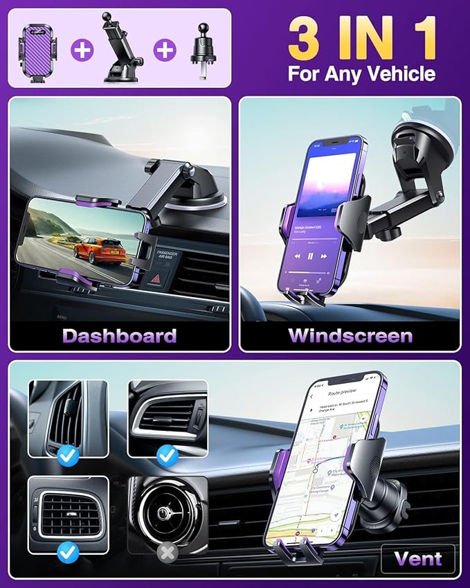 VANMASS [Longest Lasting] True Military-Grade Car Phone Holder Strongest Suction & Clip Cell Mount Dashboard Windshield Vent Automobile Cradle Truck Accessories for iPhone 16 15 Pro Max 14 13 Android