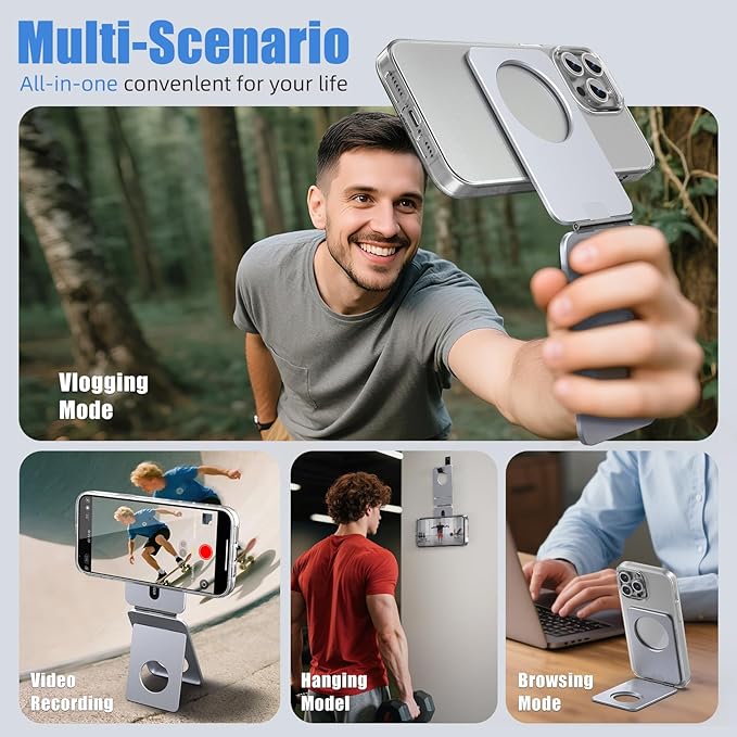 Phone Tripod Stand, Aluminum Alloy Mini Tripod Compatible with Magsafe iPhone 16/15/14/13/12 Series, Foldable Strong Magnetic Phone Stand, Mult-Angle Adjustment Selfie Stick(Grey)