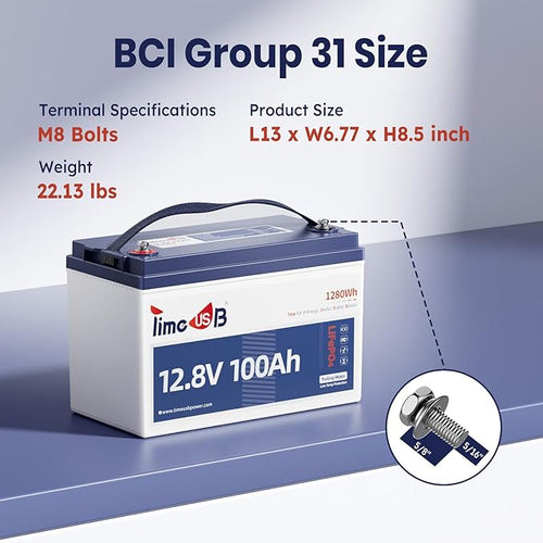 12.8V 100Ah Trolling Motor LiFePO4 Battery with Low-temp Protection, Timeusb Group 31 Lithium Battery, Up to 15000 Deep Cycles Battery for RV, Solar, Travel Trailer, Energy Storage- Off Grid