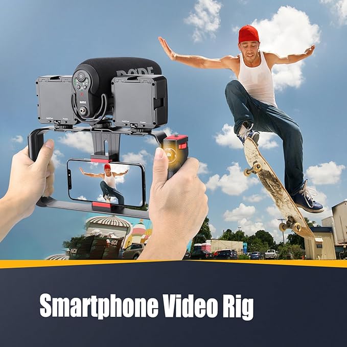 Zeadio Camera Handheld Stabilizer with Smartphone Video Cage Rig, Triple Cold-Shoe Handle Grip Compatible with All Camera Action Camera DSLR Smartphone