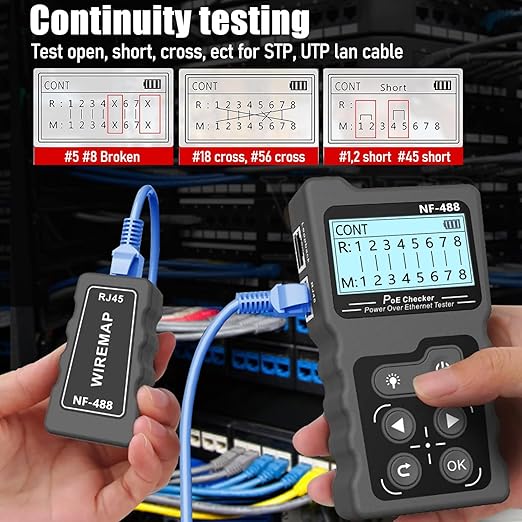 NF-488 Network Cable Testers RJ45 Continuity Checking CAT5 CAT6 LAN Ethernet Cables POE Ethernet Power Tester DC Power & Switch Loop-Back Test POE Detector Network Tool