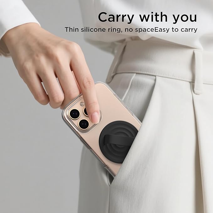 Magnetic Phone Ring Grip Holder, Silicone Finger Loop Grip, Compatible with MasSafe, Back of Phone for iPhone Pro Max/Plus/16/15/15/14/13/12 Series, Black