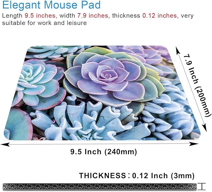 Succulents Mouse Mat, Waterproof Mouse Pad Non-Slip Rubber Base For Office Laptop, 9.5"x7.9"x0.12" Inch