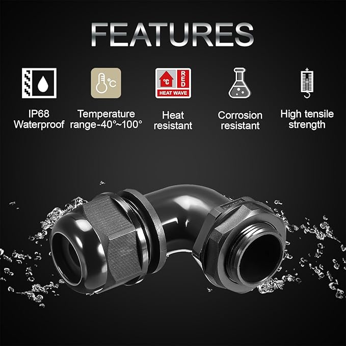 LeMotech M12 Cable Gland, 90 Degree Adjustable 4-8mm Strain Relief, Cord Connectors Nylon Joints with Gaskets, 6 Pcs, Black