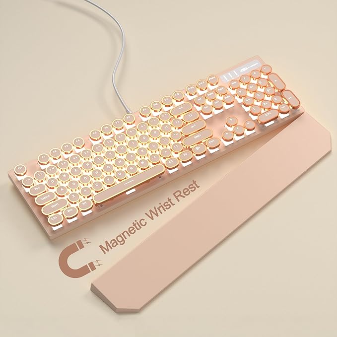 MageGee Typewriter Mechanical Gaming Keyboard, Retro Punk Creamy Round Keycaps, 104 Keys LED White Backlit Wired Keyboards for Laptop MAC PC Gamer, with Magnetic Wrist Rest, Blue Switch