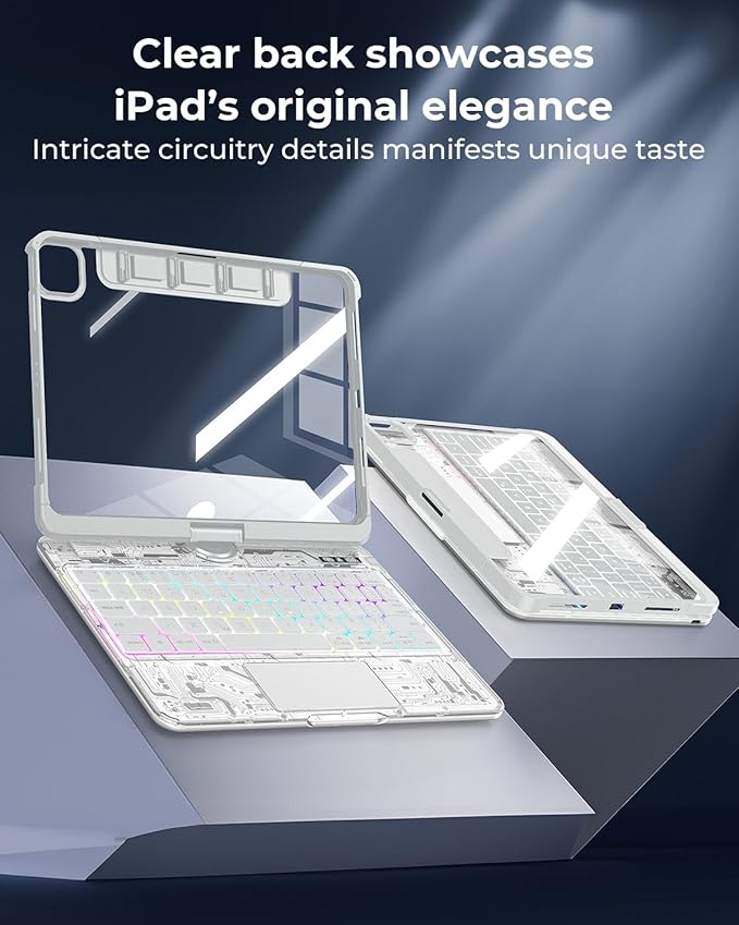 SIEBITU Clear Wireless Keyboard Case for iPad Air 13-inch (M3 2025/M2 2024) & iPad Pro 12.9-inch 6th 5th 4th 3rd Gen with Pencil Holder, Multi-Touch Trackpad & 7-Color Backlit, 360°Rotating, White