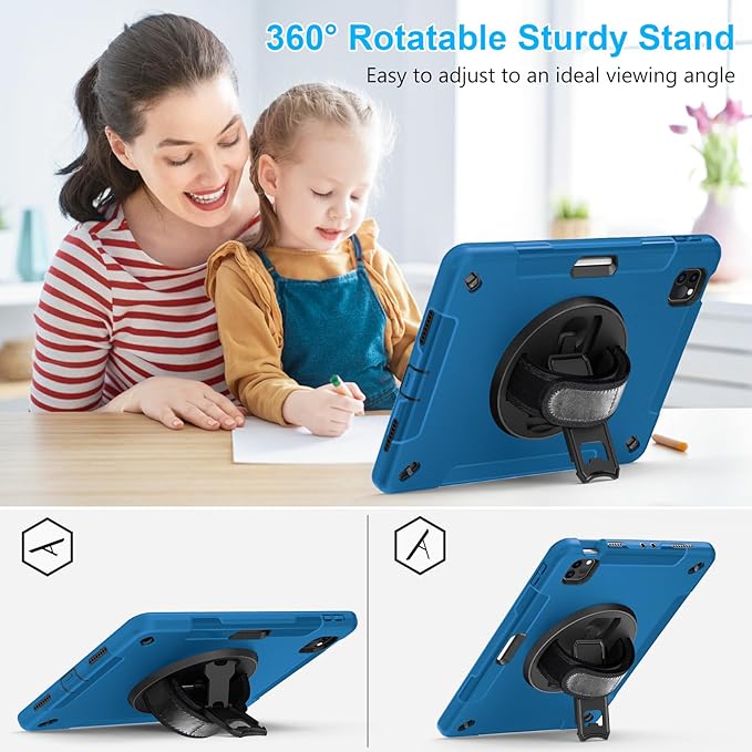 Case for iPad Pro 11 Inch 2022/2021/ 2020/2018: Cover for iPad 11 Inch 4th/ 3rd/ 2nd/ 1st Generation with Screen Protector- Stand- Handle- Shoulder Strap- Pencil Holder Blue