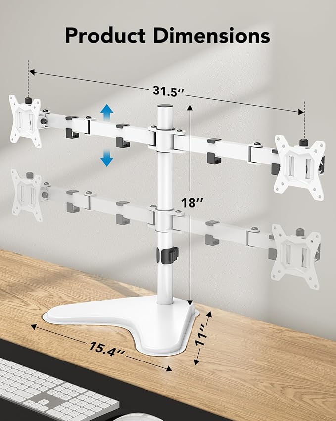 HUANUO 32 inches Dual Monitor Stand up to 17.6lbs, High-Grade Aluminum Free-Standing Dual Monitors Mount for 2 Screens. Fully Adjustable Dual Monitor Stand for Desk with Tilt, Swivel, Rotation, White