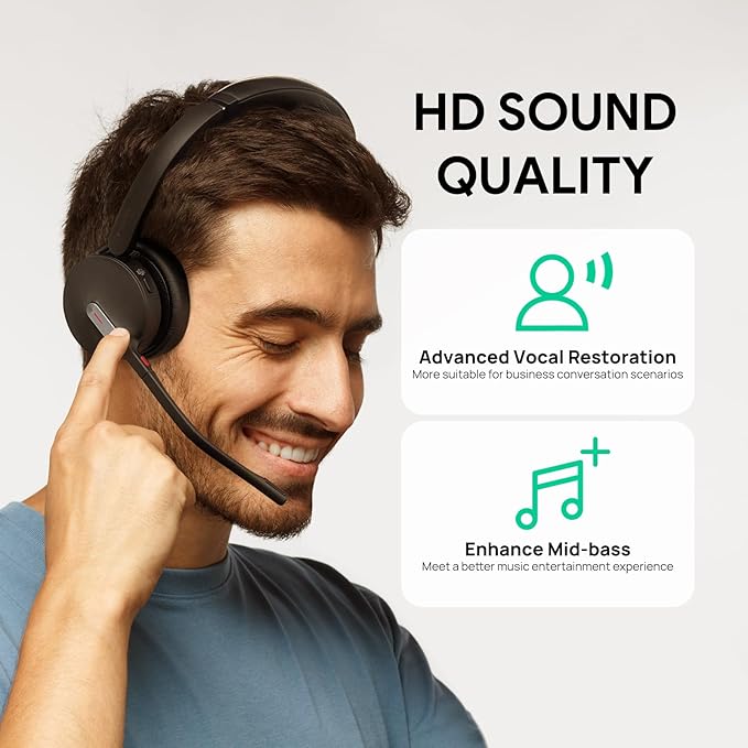Yealink BH70 Dual Wireless Bluetooth Headset with Mic for Work, Teams Certified, up to 35h Talk Time, 147g All-Day Wearing Comfort, USB-C/A