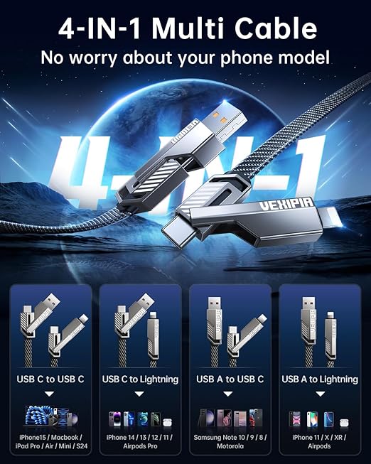 [Upgraded] 4-in-1 USB C Cable 45W 5FT Lightning Cable Fast Charging Flat Nylon Braided for iPhone iPad Charger Cord [480Mbps Data Sync] Multi Charge Combo with Lightning/Type C/USB A Port