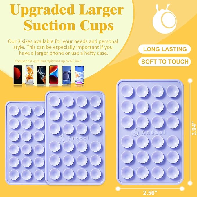Anteel MAX Silicone Suction Phone Case Adhesive Mount, Upgraded Super Strong Grip, Durable, Easy to Use, Hands-Free Sticky Phone Holder for Selfies, Tiktok Videos, 2.56"x3.94" (Lavender)