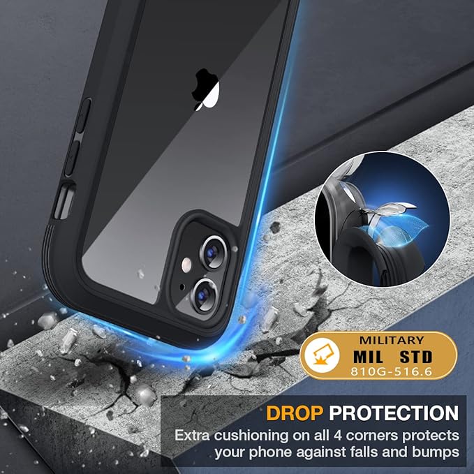 Miracase Glass Series for iPhone 11 Case 6.1 inch, Upgraded Full-Body Rugged Phone Bumper Case Cover with Built-in 9H Tempered Glass Screen Protector and Camera Protector, Black
