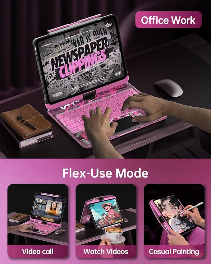 Intermerge Clear iPad A16 11th (2025) & 10th Generation 10.9" Case with Keyboard, 360° Transparent Multi-Touch Trackpad, 7-Color RGB Keyboard, Pencil Holder, Type-C, Power Indicator, Blush Pulse