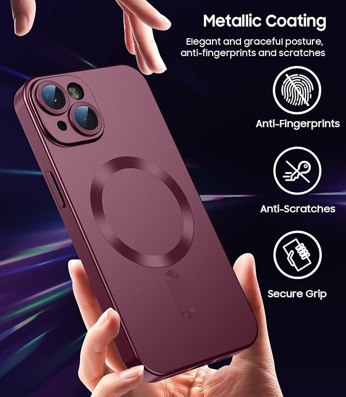 Magnetic for iPhone 14 Case [Compatible with MagSafe][Built-in Camera Lens Protector] Slim Soft Silicone Bumper Shockproof Metallic Luster Phone Case (Burgundy)