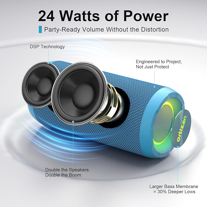 Ortizan Wireless Portable Bluetooth Speaker, IPX7 Waterproof, Dustproof and Rustproof, Powerful 24W Sound, Enhanced Bass, 30-Hour Battery, 360° Party Light, and Stereo Pairing (BT 5.3), Gifts - Blue