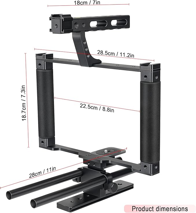 Universal Aluminum Alloy DSLR Mirrorless Camera Camcorder Stabilizer Extension Cage Mount for Mic Monitor Light, Movie Making Rig YouTube Tiktok Vlogging Video Kit w/Phone Holder for Canon Sony Nikon