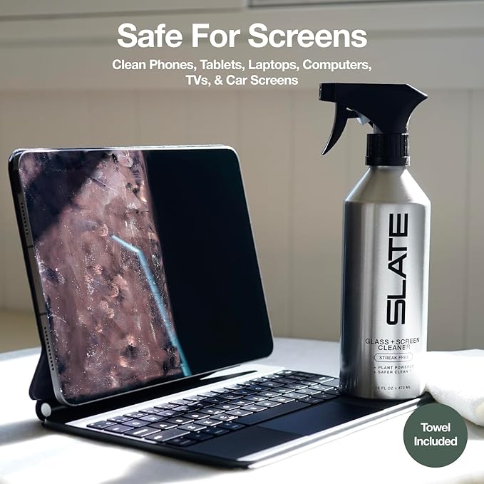 Slate Screen Cleaner Spray and Microfiber Cloth - Streak Free - Cleans Laptop, Computer, Tablet, Phone, TV, and Car Screens, Biodegradable Plant-Based Formula, Touch Safe, 16oz