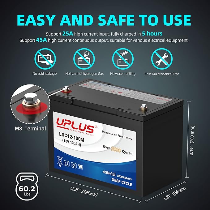 UPLUS 12V 100Ah Deep Cycle Battery, LDC12-100M Maintenance Free BCI Group 27 Size Rechargeable AGM Gel Batteries for Solar, RV, Golf Cart, Mobility, Camping, Backup, Trolling Motor