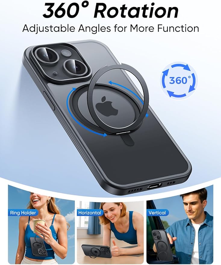 MAGIC JOHN for iPhone 15 Case 360° Rotatable Magnetic Invisible Stand, Fit for MagSafe 15 Phone Case, 16FT Military Grade Shockproof for iPhone Case with Kickstand, Black