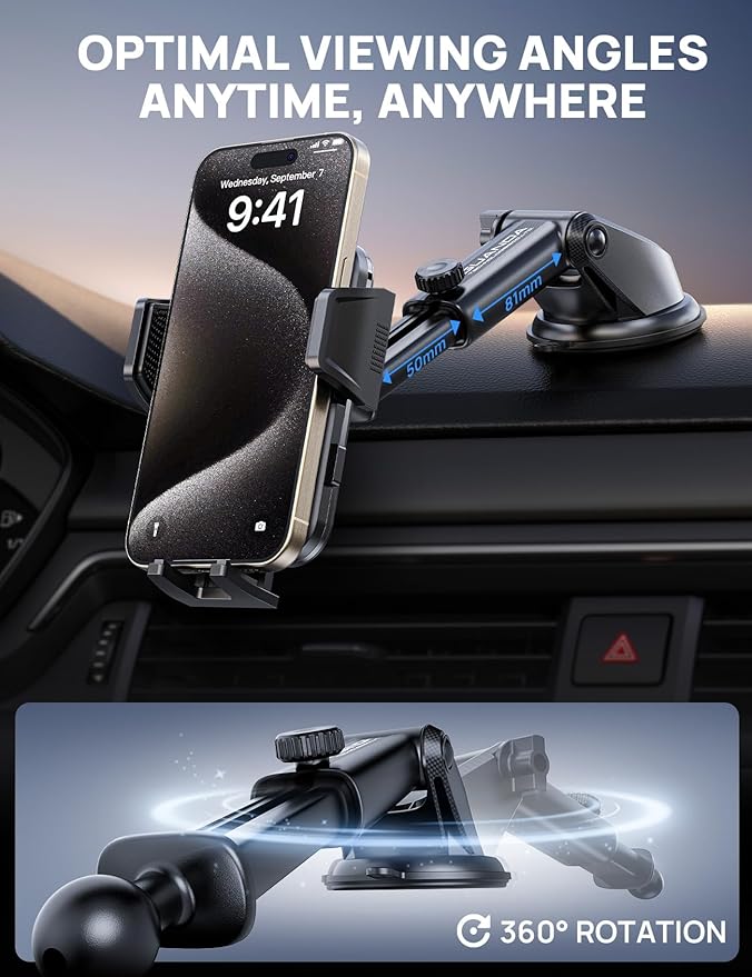 [2025 New] Dashboard Phone Holders for Your Car (+Air Vent Clip) [Military Grade Stable] , Car Cell Phone Holder, Rotatable Suction Cup Car Phone Mount for All Phone (Light Purple)