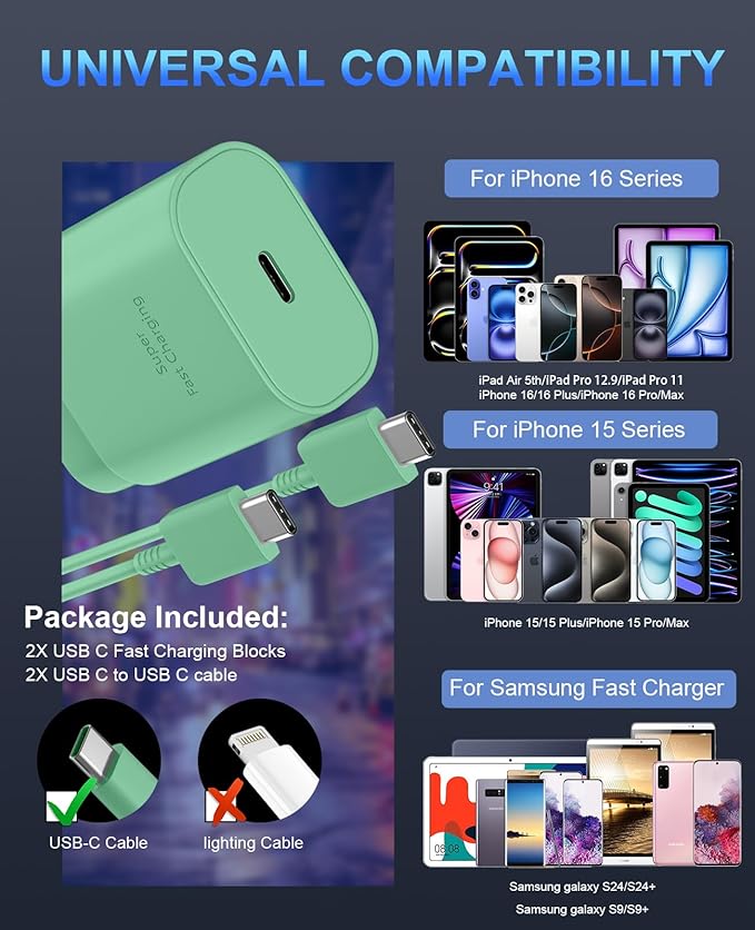 Phone 15 Pra Max Charger Fast Charging,30W USB C Phone 15 Fast Charger Block &10FT Long Type C Cable Cord for Phone 15/15 Pro Max/15 Pro/15 Plus/Pro 12.9/11 inch,S24 Ultra,Green