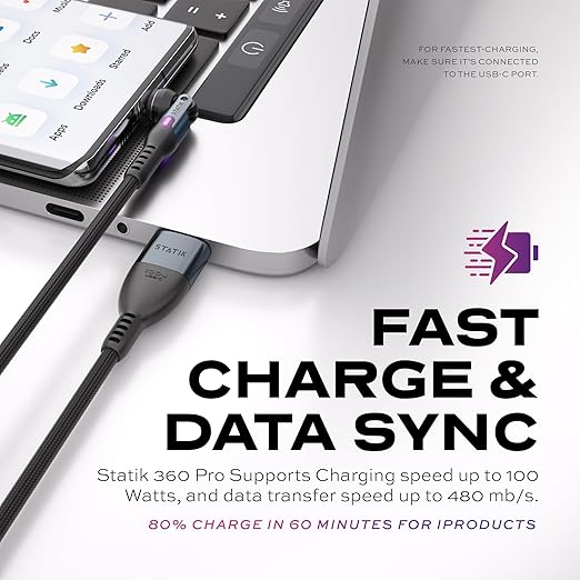 Statik 360 Pro Magnetic Charging Cable - Type C Charger Fast Charging 3 in 1 USB C to USB C Cable, Micro USB & iProduct Tips, USB A Adapter, Fits All Devices - 100W Fast Charger, Black 3FT/1M, 3 Pack