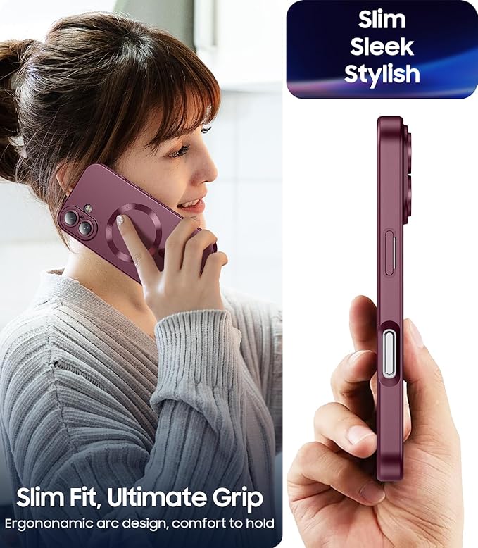 Magnetic for iPhone 16 Plus Case [Compatible with MagSafe][Built-in Camera Lens Protector] Slim Soft Silicone Bumper Shockproof Metallic Luster Phone Case (Burgundy)
