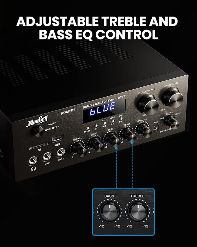 Moukey Stereo Receivers with Bluetooth 5.0, 400W 2.0 Channel Power Audio Amplifier Stereo System w/USB, SD, AUX, RCA, MIC in w/Echo, LED for Karaoke, Home Theater Speakers - MAMP1
