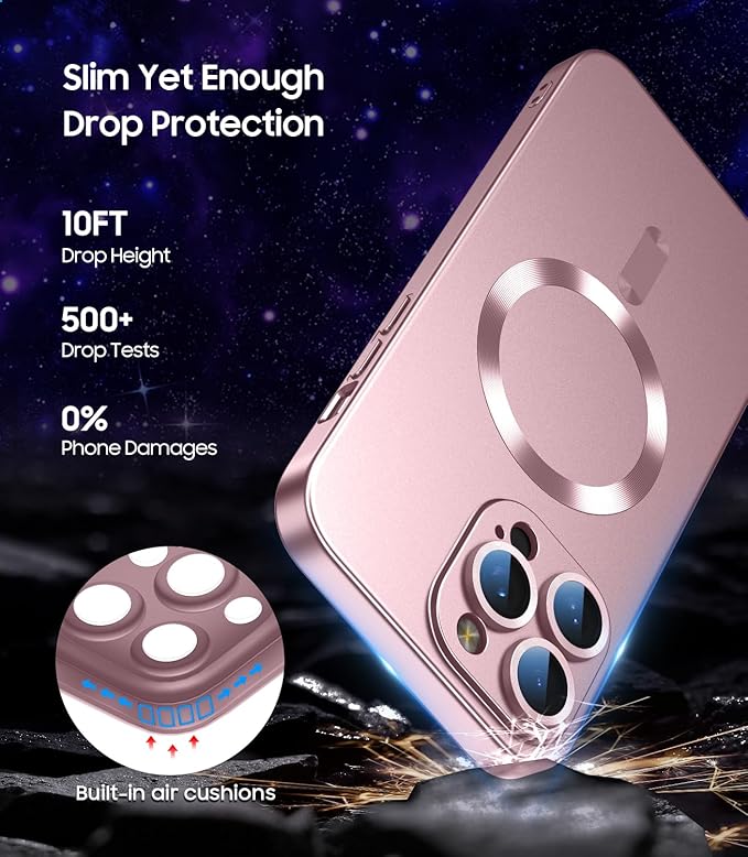 Magnetic for iPhone 16 Pro Max Case [Compatible with MagSafe][Built-in Camera Lens Protector] Slim Soft Silicone Bumper Shockproof Metallic Luster Phone Case (Rose Gold)