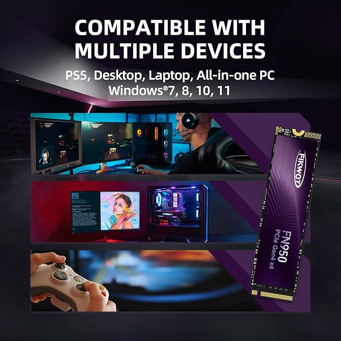 FN950 1TB NVMe SSD M.2 2280 PCIe Gen4x4, Up to 5000MB/s, Internal Solid State Drive, Configure SLC Cache, Storage and Memory Expansion for PS5 Laptop Desktop