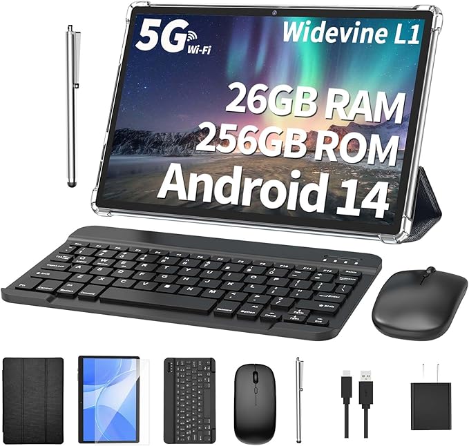 Android Tablet with Keyboard, 26GB RAM, 256GB ROM(1TB Expand), 10.1 inch Android 14 Tablet, 8000mAh Battery, BT 5.0, GMS Certified, 2.4G&5G WiFi, 2 in 1 Tablets with Mouse, Case, Stylus(Black)