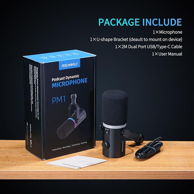 FEELWORLD PM1 XLR USB Dynamic Microphone Gifts for Podcast Recording PC Computer Gaming Live Streaming Vocal Voice-Over, Studio Metal Mic with Voice-Isolating, RGB Light, Mute Button, Headphones Jack