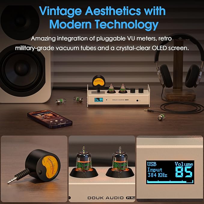 Douk Audio 2 Channel Bluetooth Vacuum Tube Preamp, Hi-Fi Headphone Amp, USB DAC PC Sound Card, Wireless Receiver Audio Preamplifier with VU Meter, Optical, Coaxial, APTX, LDAC, DSD256, Remote Control
