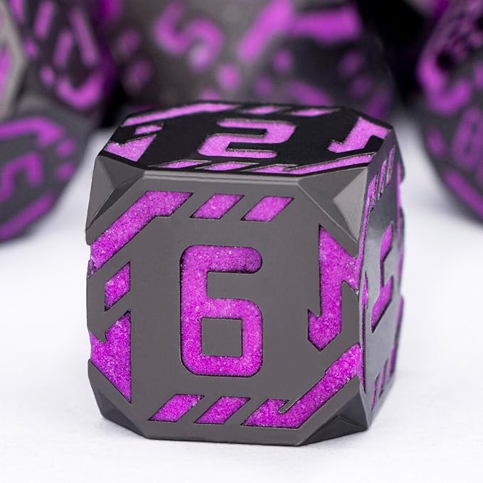 Metal DND Sci-fi Dice Set 7PCS Luminous Purple Stripe Polyhedral Dice for Dungeons Dragons RPG Role Playing Game, Glitter D and D Dice with Gift Box D6 D8 D10 D12 D20