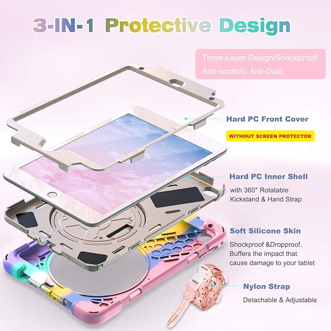 BRAECN iPad mini 5 Case,iPad mini 4 Case, Heavy Duty Shockproof Protective Rugged Case with Pencil Holder,Hand Strap,Kickstand, Shoulder Strap for iPad mini 5th/4th Generation 7.9 Inch for Kids