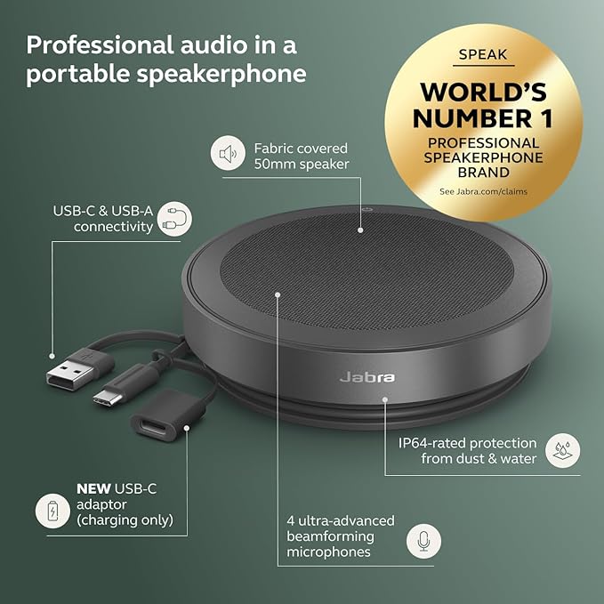 Jabra Speak2 75 (2025 Edition) Wireless Bluetooth Speakerphone - 4 Noise-Cancelling Mics, 65mm Speakers - New Linking Feature - USB-A & USB-C - Certified for Zoom and Google Meet - Dark Grey
