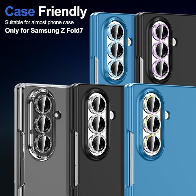 for Samsung Galaxy Z Fold 7 Camera Lens Protector, Individual Metal Ring Tempered Glass Lens Cover, [Strong Adsorption] Scratch Resistant Ultra-Thin HD Clear Lens Cover, 1 Set-Purple Sparkly